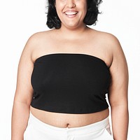 Women&#39;s plus size fashion psd black strapless top apparel mockup