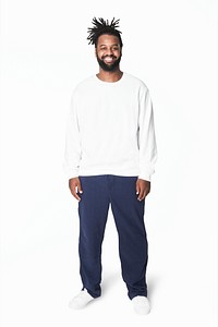 Man's white sweatshirt blue pants plus size fashion mockup psd
