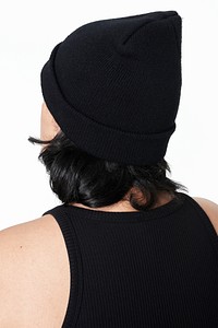 Women&#39;s apparel psd black wool hat mockup model back facing