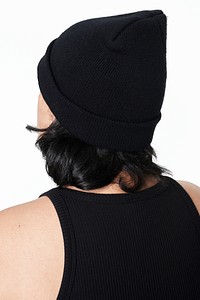 Women&#39;s apparel black wool hat mockup model back facing