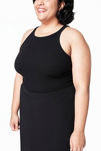 Size inclusive psd women&#39;s fashion black dress mockup studio shot