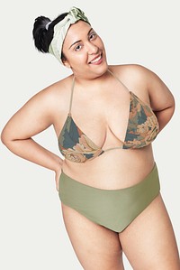 Women&#39;s green flowers bikini plus size apparel fashion mockup