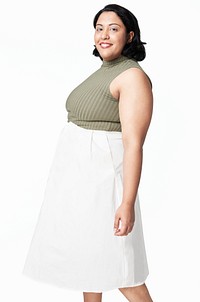 Plus size psd green top white skirt apparel mockup women&#39;s fashion