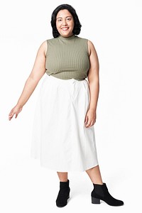 Green top and white skirt plus size apparel mockup shoot