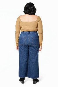 Women&#39;s blouse and jeans plus size fashion psd mockup studio shot