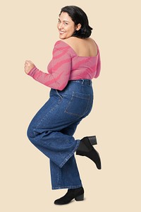 Women&#39;s pink blouse and jeans plus size fashion psd mockup