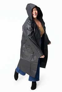 Women&#39;s black raincoat mockup psd fashion shoot in studio