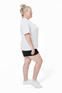 Women&#39;s white t-shirt mockup fashion studio full body shot