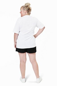 Women's white t-shirt mockup fashion studio full body shot