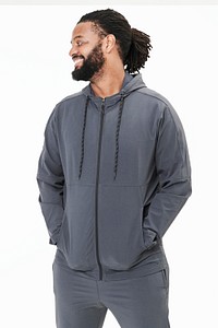 Men's gray hoodie mockup psd fashion shoot in studio