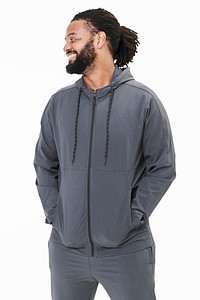 Men's gray hoodie mockup fashion shoot in studio