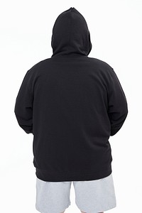 Men&#39;s black hoodie mockup psd fashion shoot in studio