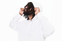 Men's white hoodie mockup fashion shoot in studio
