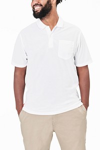 Men's white polo shirt mockup fashion shoot in studio