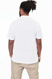 Men&#39;s white polo shirt psd mockup model facing backward