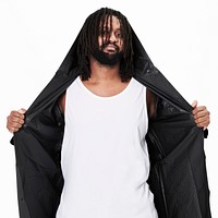 Men&#39;s raincoat mockup psd fashion shoot in studio