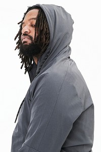 Men's gray hoodie mockup fashion shoot in studio