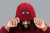 Men&#39;s red hoodie mockup psd fashion shoot in studio