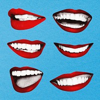 Red lips collage element, pop art smiling mouth set psd
