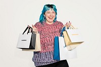 Shopping bag mockup, shopaholic carrying a bunch psd