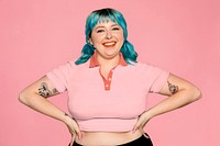 Confident & curvy woman on pink background