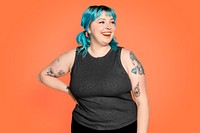 Cute woman on orange background