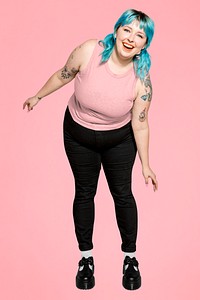Tattooed woman in blue hair 