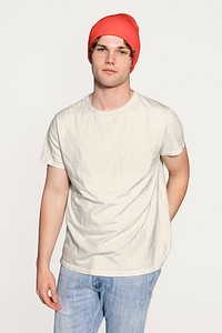 Handsome man in t-shirt and beanie hat