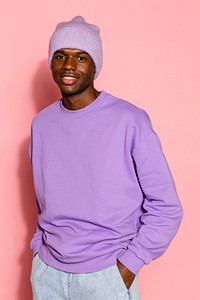 Black man in trendy purple outfit