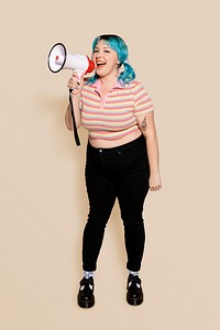 Feminist protesting with megaphone, shouting out message