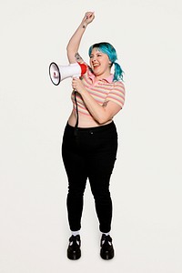 Human rights activist with megaphone, shouting out message