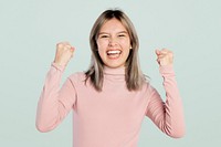 Happy woman mockup psd in a pink turtleneck