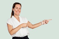 Female presenter mockup psd pointing finger to the right hand side