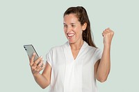 Happy woman mockup psd using a dating app on her phone