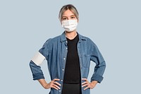 Female volunteer mockup psd wearing a face mask and armband