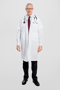 Cheerful male doctor mockup psd in a white gown full body