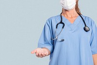 Female doctor mockup psd with a presenting hand gesture