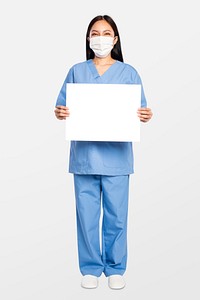 Female doctor showing a blank sign board