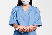 Female doctor mockup psd showing a support hand gesture