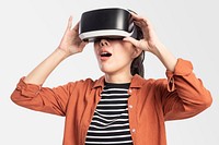 Woman mockup psd experiencing VR entertainment technology