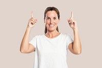 Female presenter mockup psd pointing finger up in the air