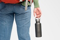 Woman mockup psd holding a stainless steel water bottle