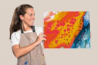 Female artist mockup psd showing a canvas with fluid artwork