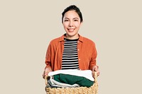 Cheerful Asian woman mockup psd holding laundry basket