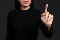 Woman gesture mockup psd pressing on an invisible screen