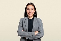 Professional Asian businesswoman in a gray blazer