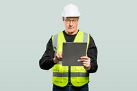 Male engineer mockup psd working a tablet