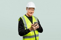 Male engineer mockup psd working a phone