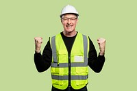Cheerful male engineer in a reflective vest and a hard hat