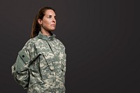 Female soldier mockup psd standing in at ease position